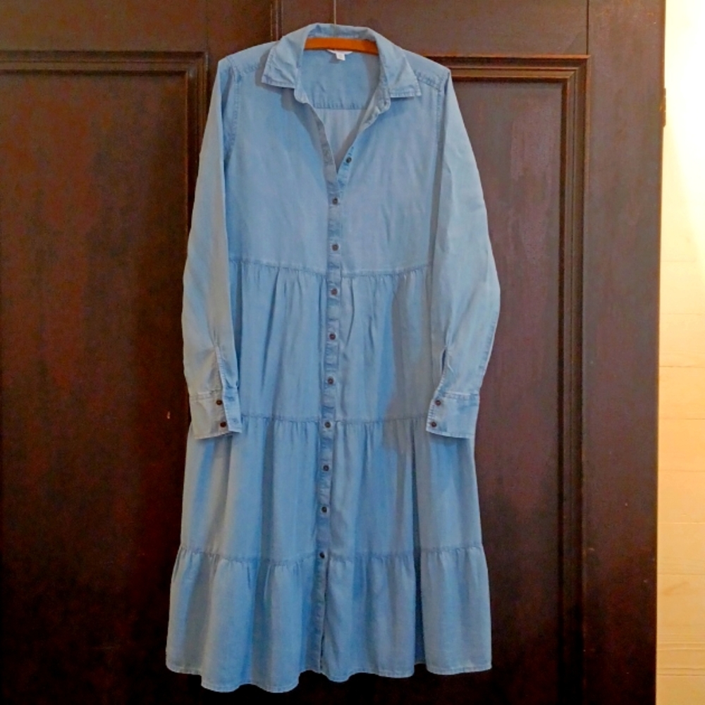 Lightweight Denim Button Up Prairie Dress with Pockets Women's Small
